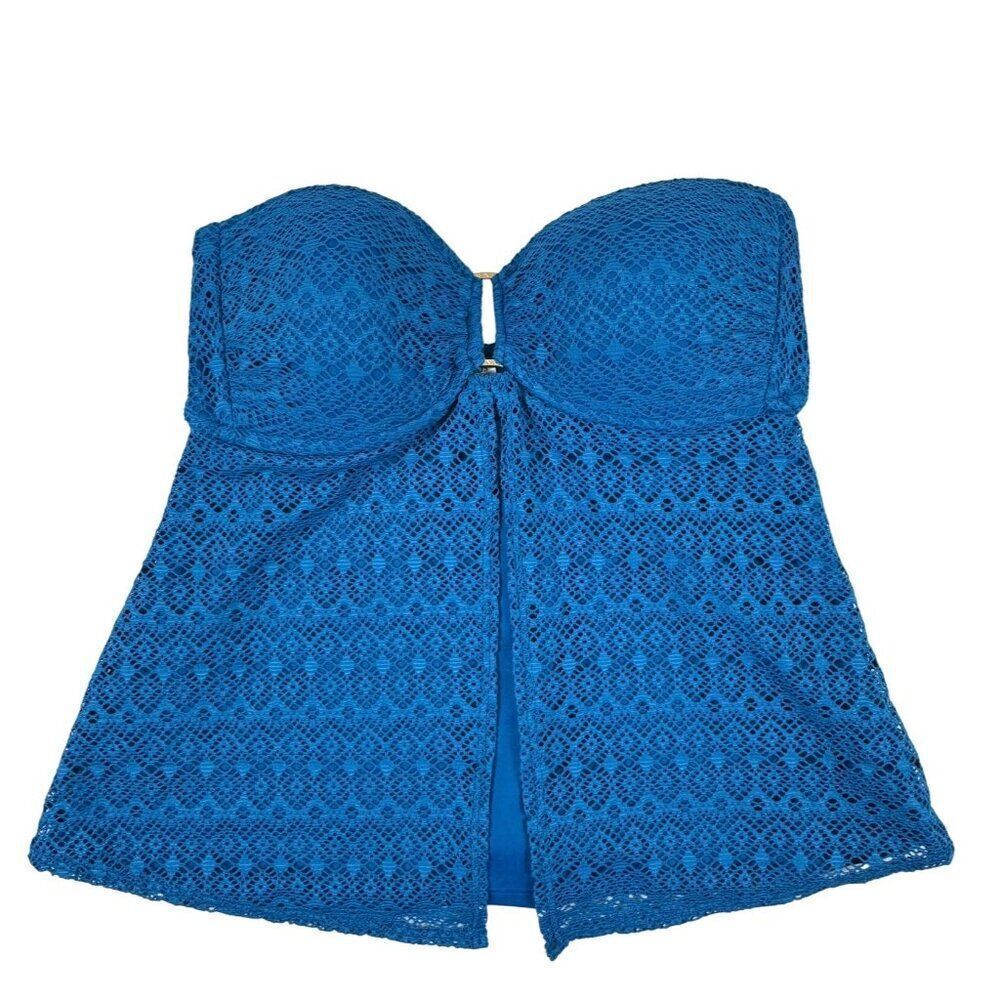 Venus Blue Crochet Overlay Strapless Push-Up Tankini Swim Top Size 6